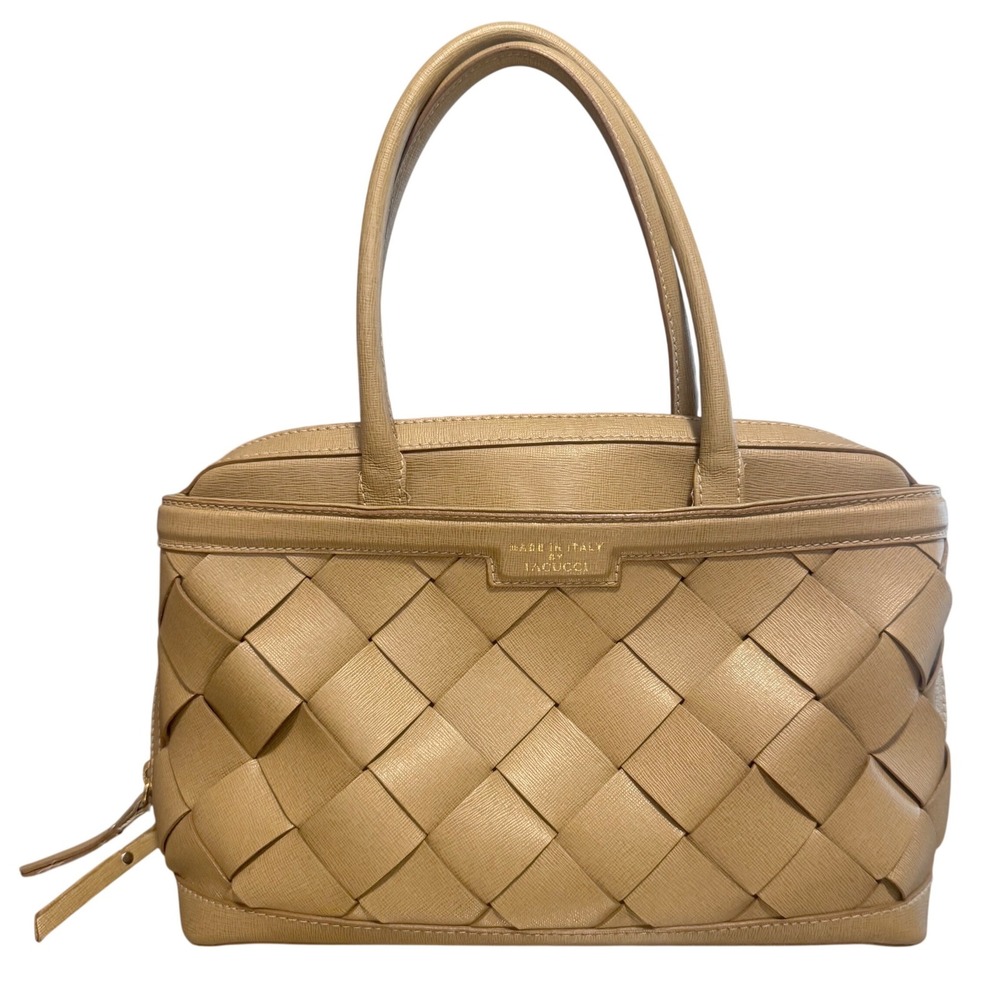 Iacucci Made in Italy Genuine Leather Woven Satchel Taupe Tan